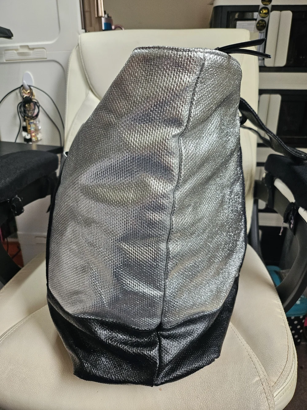 Victoria's Secret Silver Metallic Tote Bag with Black Trim